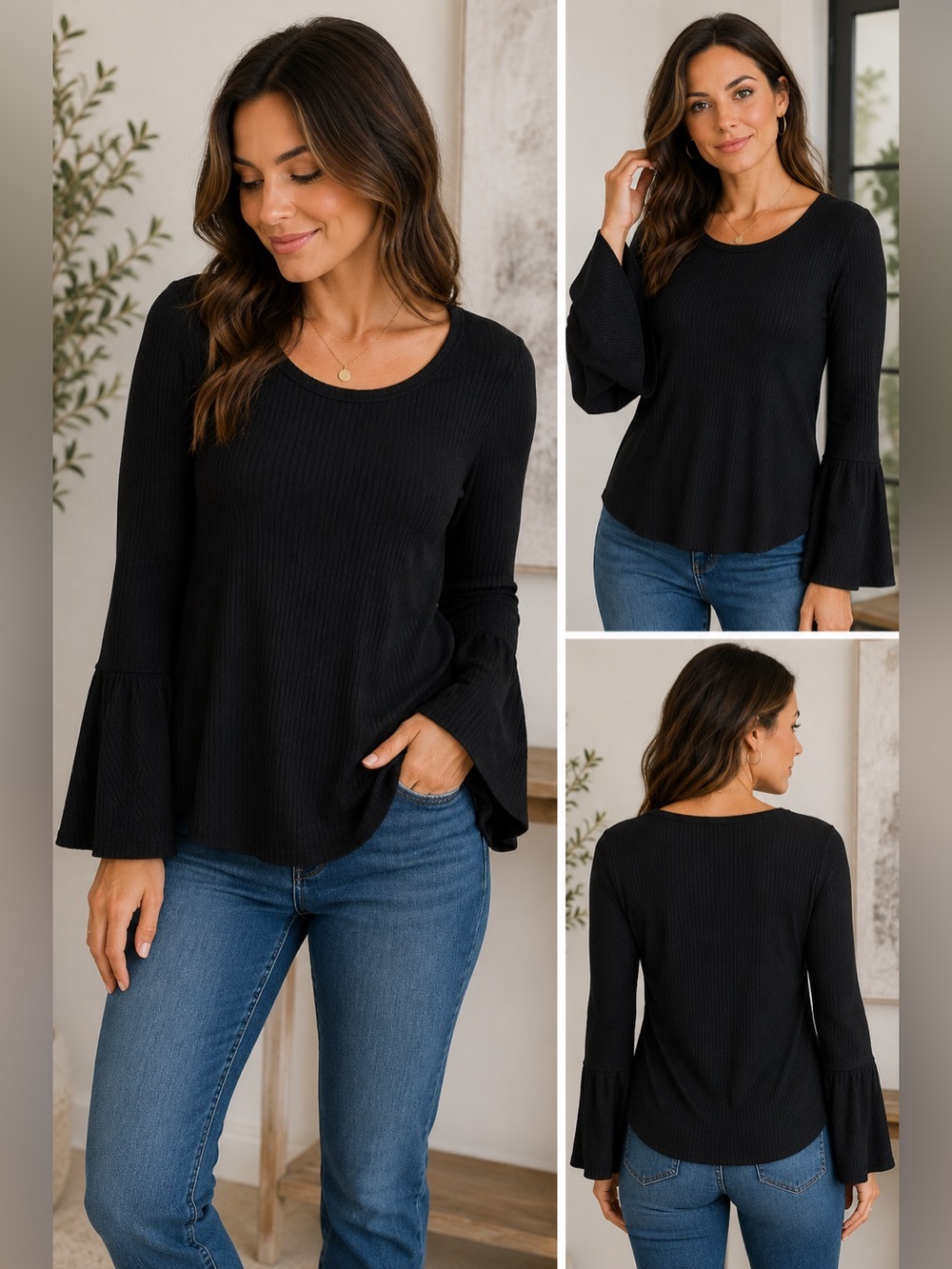 Chaser Black Ribbed Thermal Bell Sleeve Top Medium